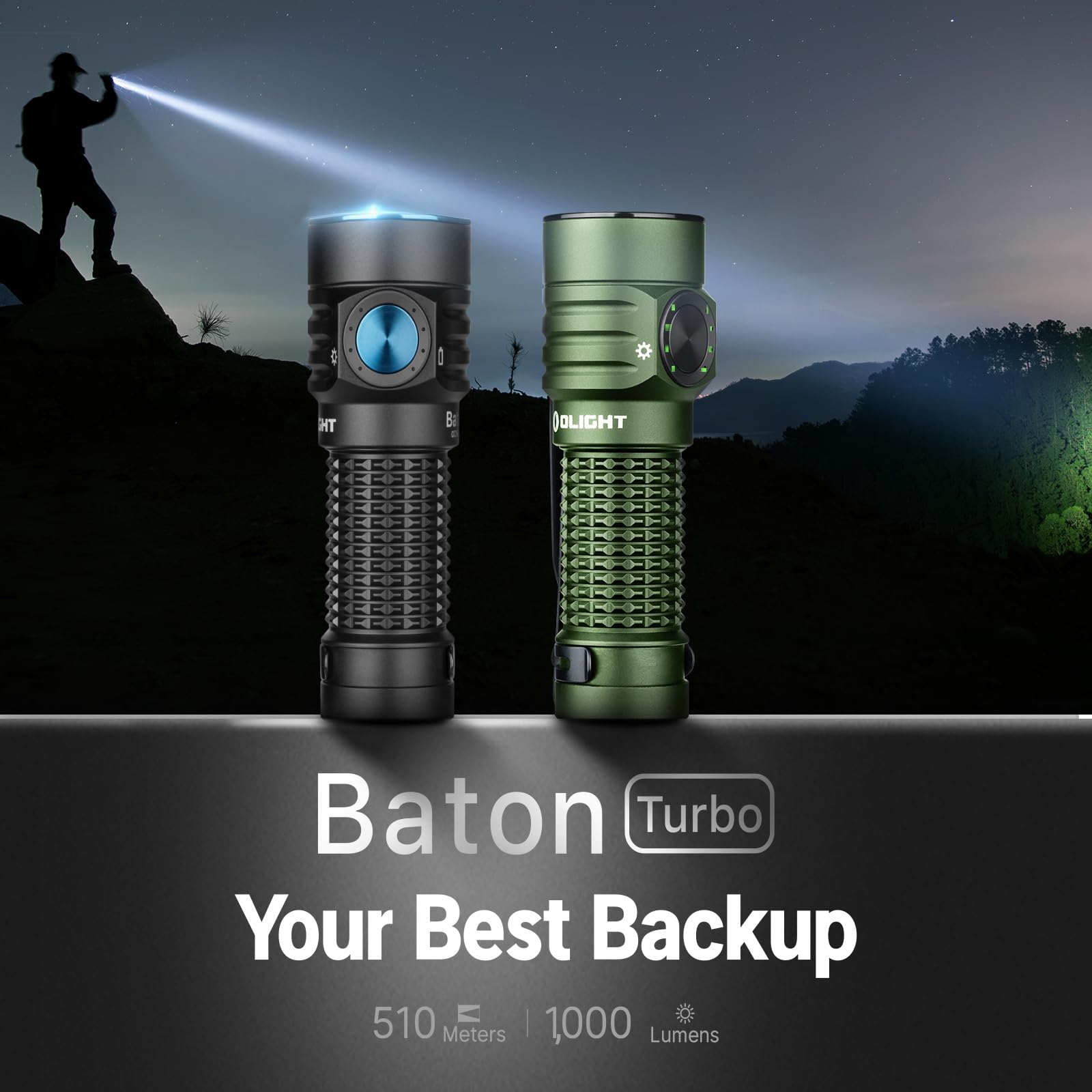 OLIGHT BatonTurbo long-throw beam reaches 510 meters for distant targets.