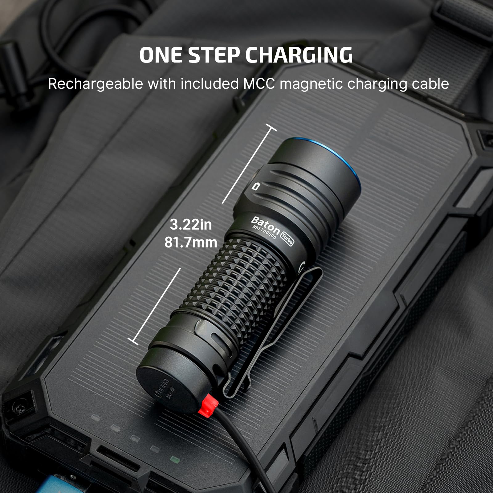OLIGHT BatonTurbo rechargeable battery with magnetic charging capability.