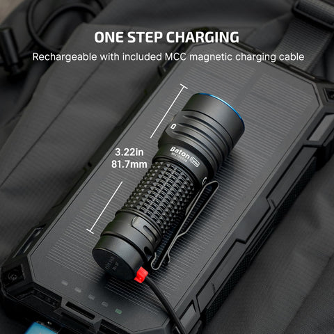 OLIGHT BatonTurbo rechargeable battery with magnetic charging capability.