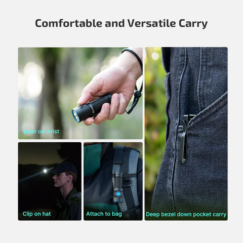 OLIGHT BatonTurbo two-way clip and lanyard for hands-free carry.