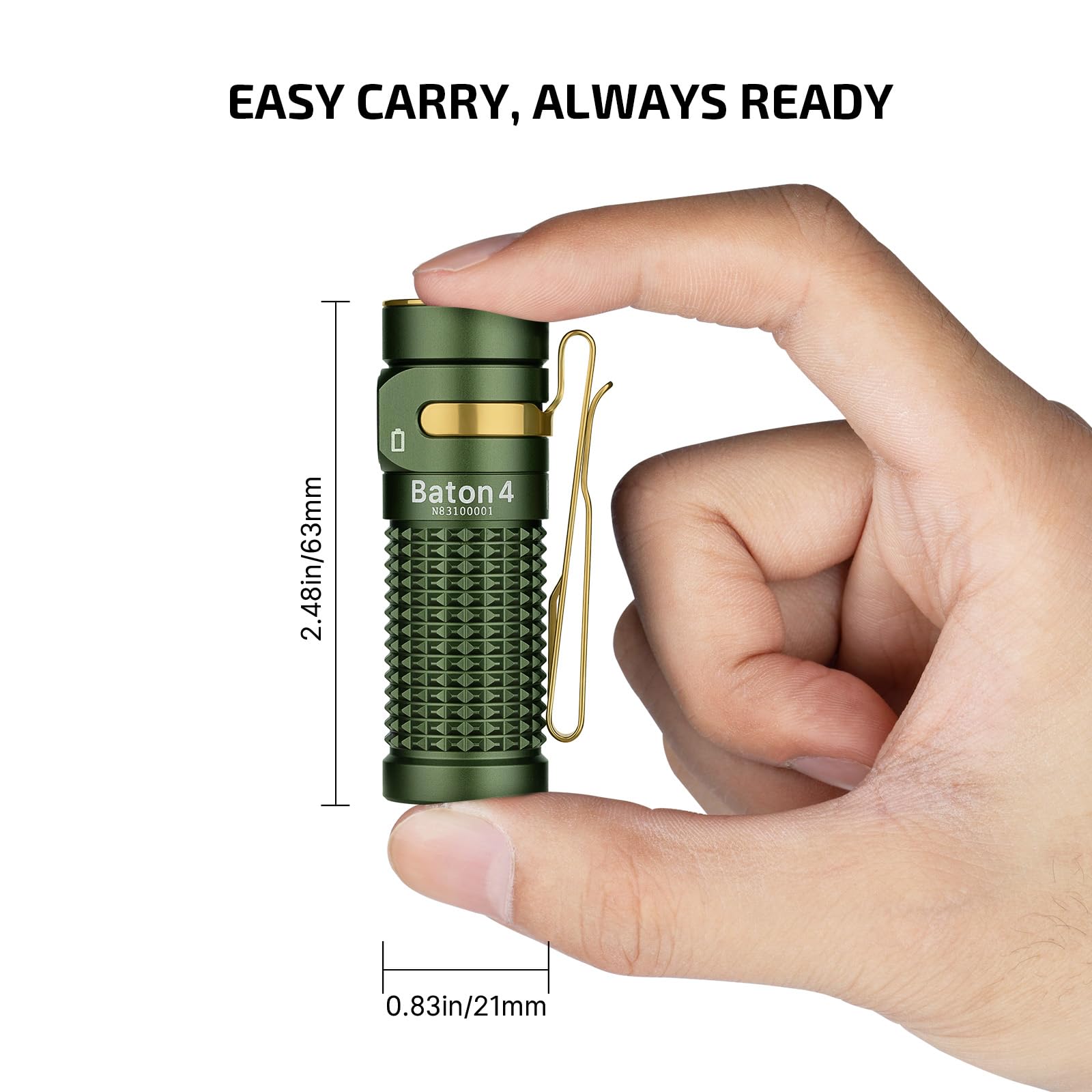 OLIGHT Baton4 dual-color indicator shows brightness and battery life.