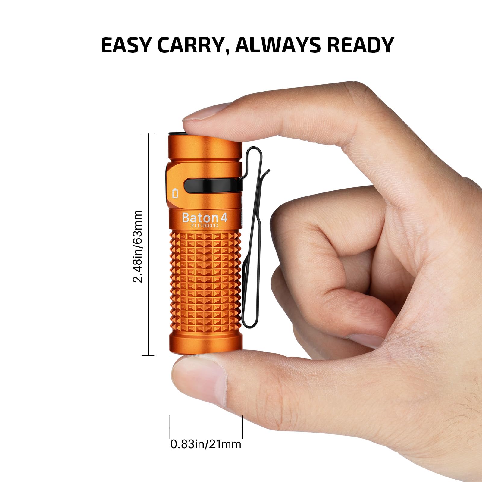 OLIGHT Baton4 in hand demonstrates its ultra-lightweight, pocket-friendly design.