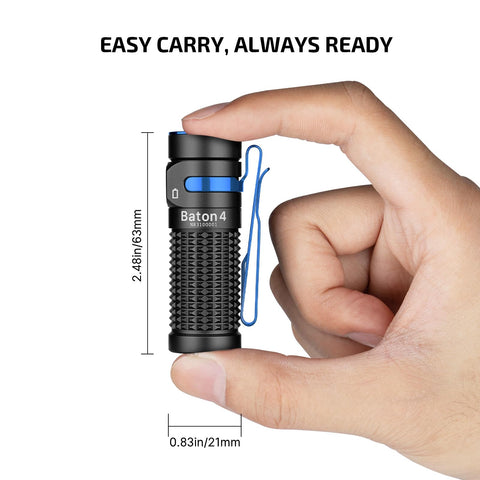 OLIGHT Baton4 pocket clip keeps the light within reach for everyday carry.