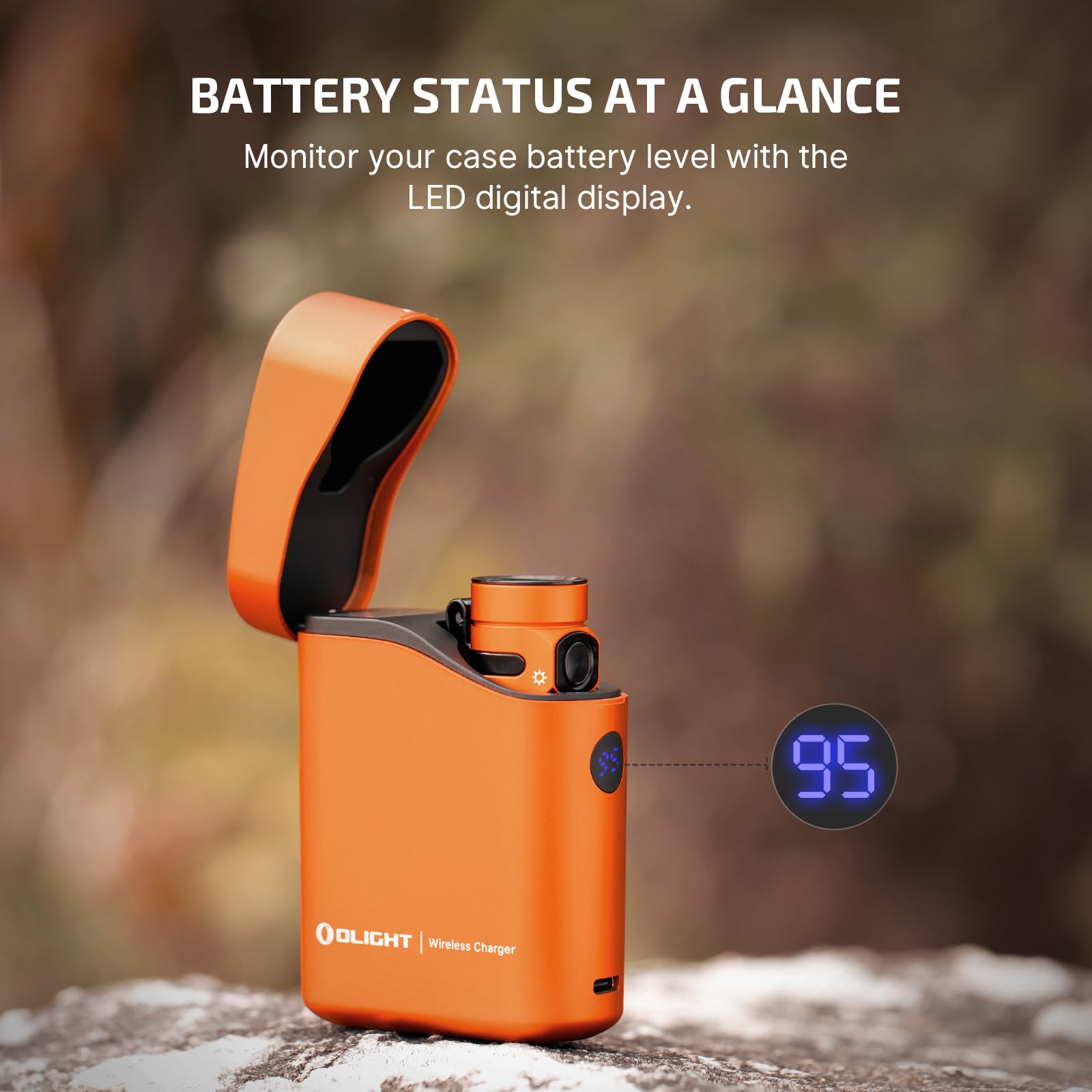 OLIGHT Baton4 Premium EDC case digital display shows battery level and brightness