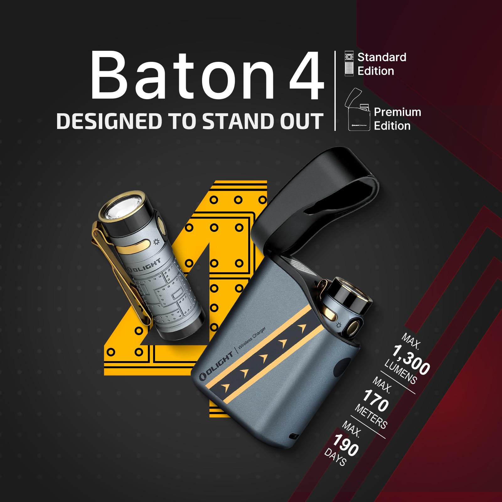 OLIGHT Baton4 Premium EDC flashlight with 170m beam throw for long-range visibility.