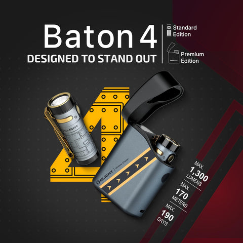 OLIGHT Baton4 Premium EDC flashlight with 170m beam throw for long-range visibility.