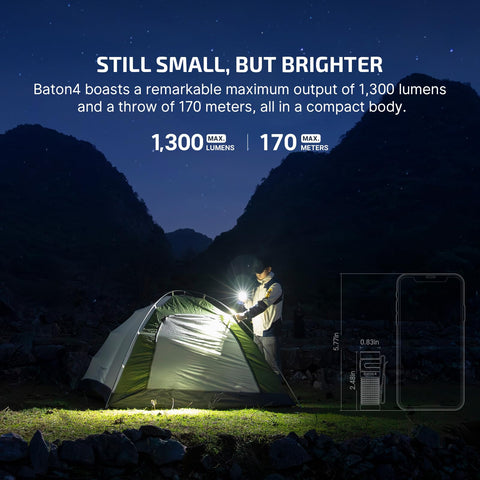 OLIGHT Baton4 beam throw shows reach up to 170 meters for outdoor visibility.
