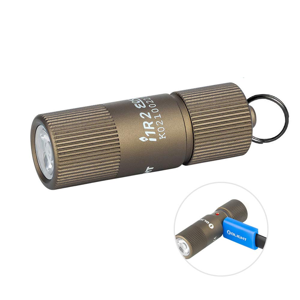 OLIGHT i1R 2 EOS desert tan on keyring, ultra compact for easy daily carry.
