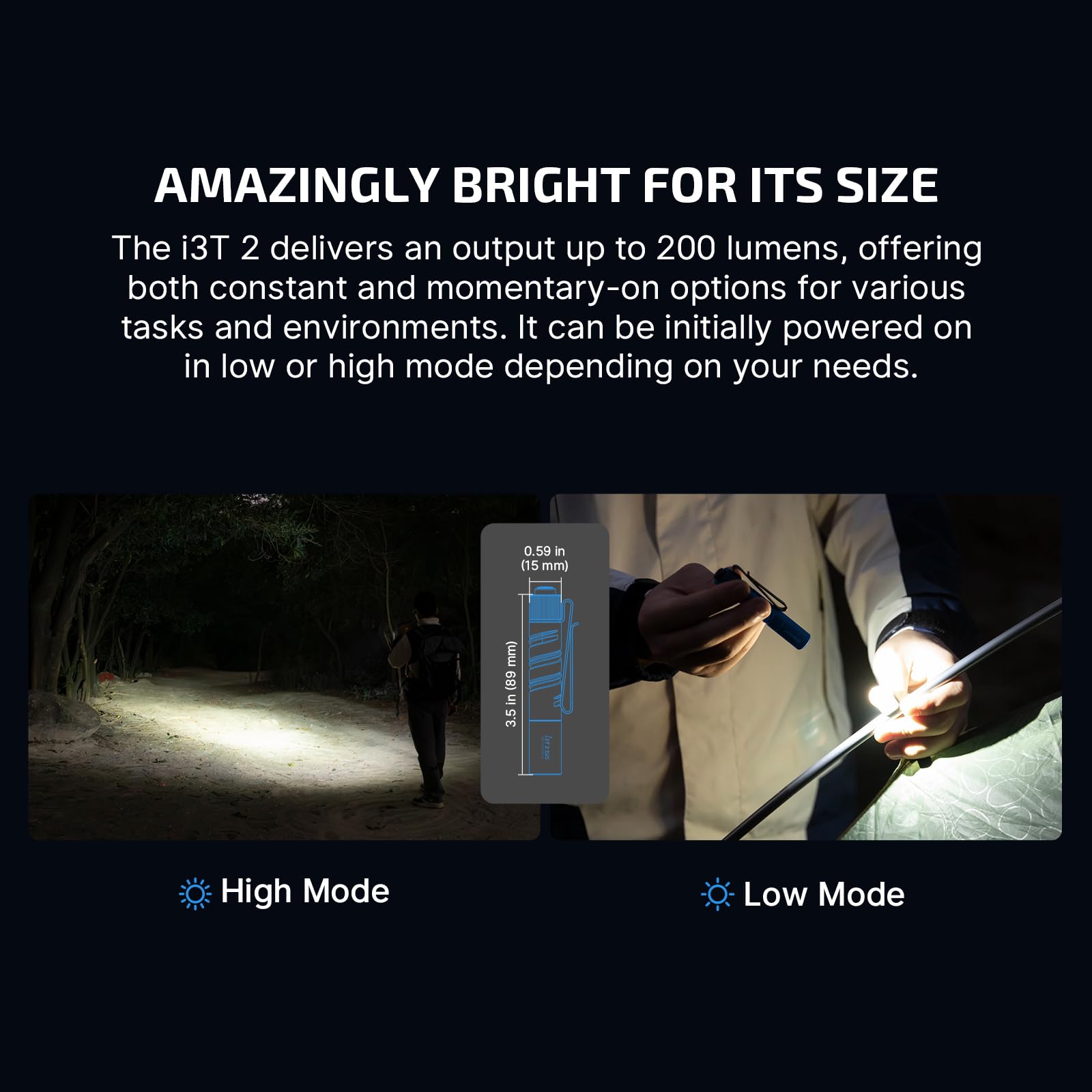 OLIGHT I3T 2 EOS dual-output tail switch enables fast mode changes.