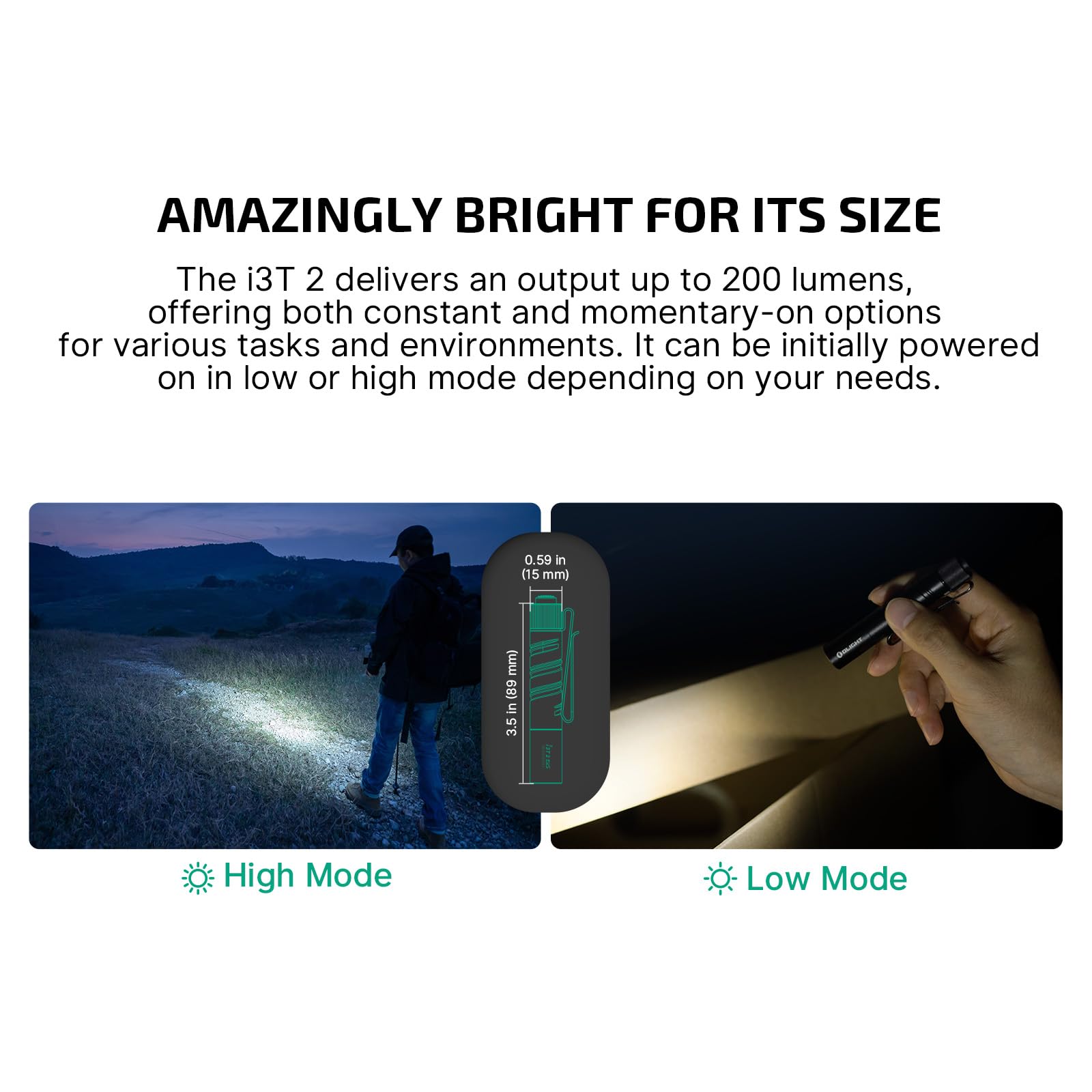 OLIGHT I3T 2 dual-output tail switch for quick mode changes.