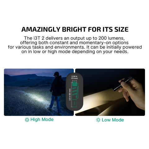 OLIGHT I3T 2 dual-output tail switch for quick mode changes.