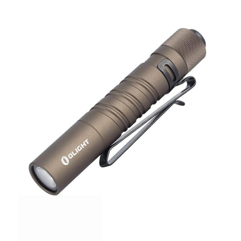 OLIGHT I3T EOS desert tan front view highlights compact portability