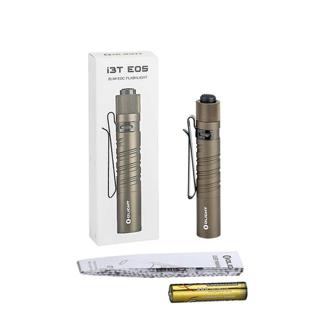 OLIGHT I3T EOS desert tan packaging includes flashlight and AAA battery