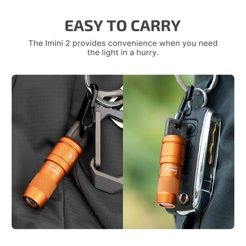 OLIGHT IMINI 2 compact orange body fits on bags and keychains.