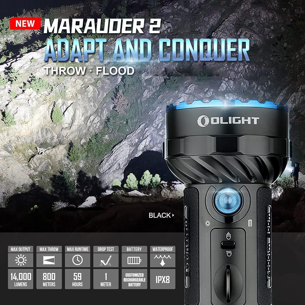 OLIGHT Marauder 2 spotlight beam highlights distant objects at night.