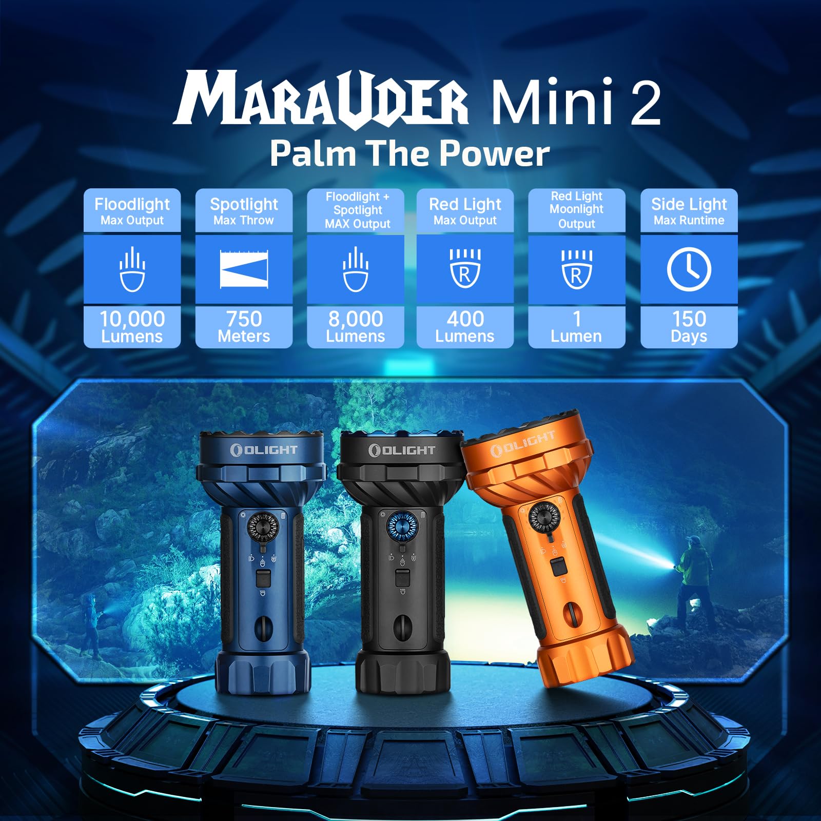 OLIGHT Marauder Mini 2 in-hand grip shows portable practicality for camping.