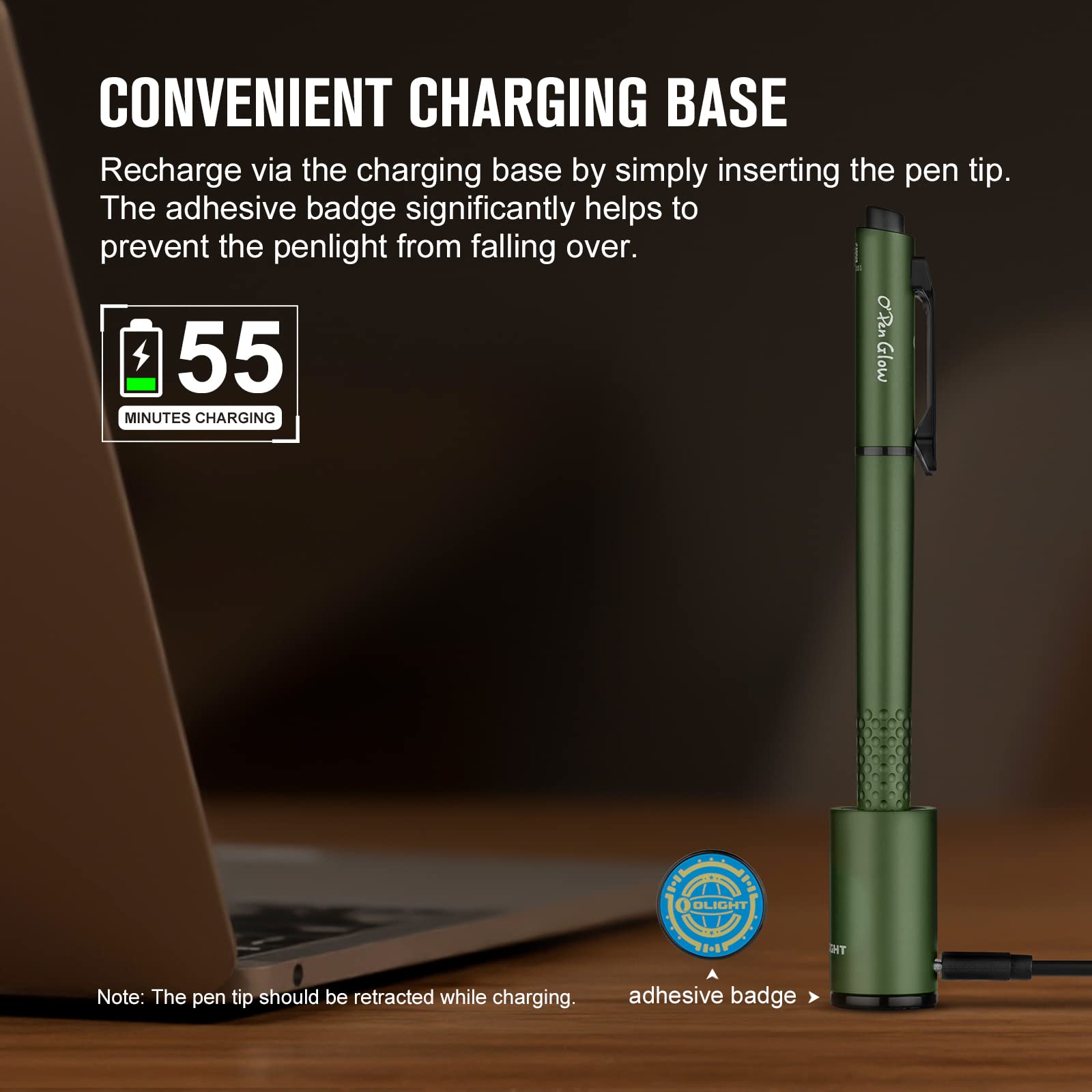 OLIGHT O'Pen Glow clip light demonstrating integrated LED illumination for on-the-go tasks.