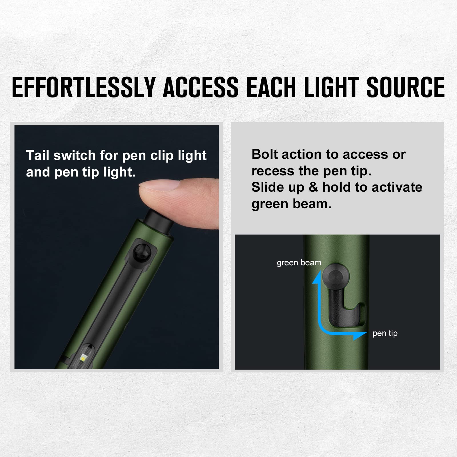 OLIGHT O'Pen Glow green beam tail enabling safe signaling and low-light viewing.