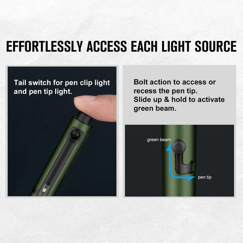 OLIGHT O'Pen Glow green beam tail enabling safe signaling and low-light viewing.