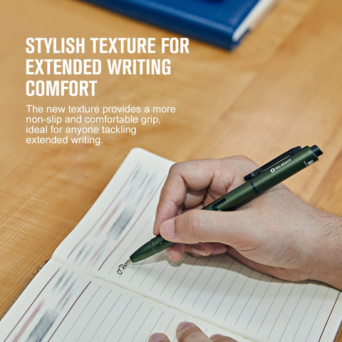 OLIGHT O'Pen Glow held in hand suitable for discreet writing and outdoor tasks.