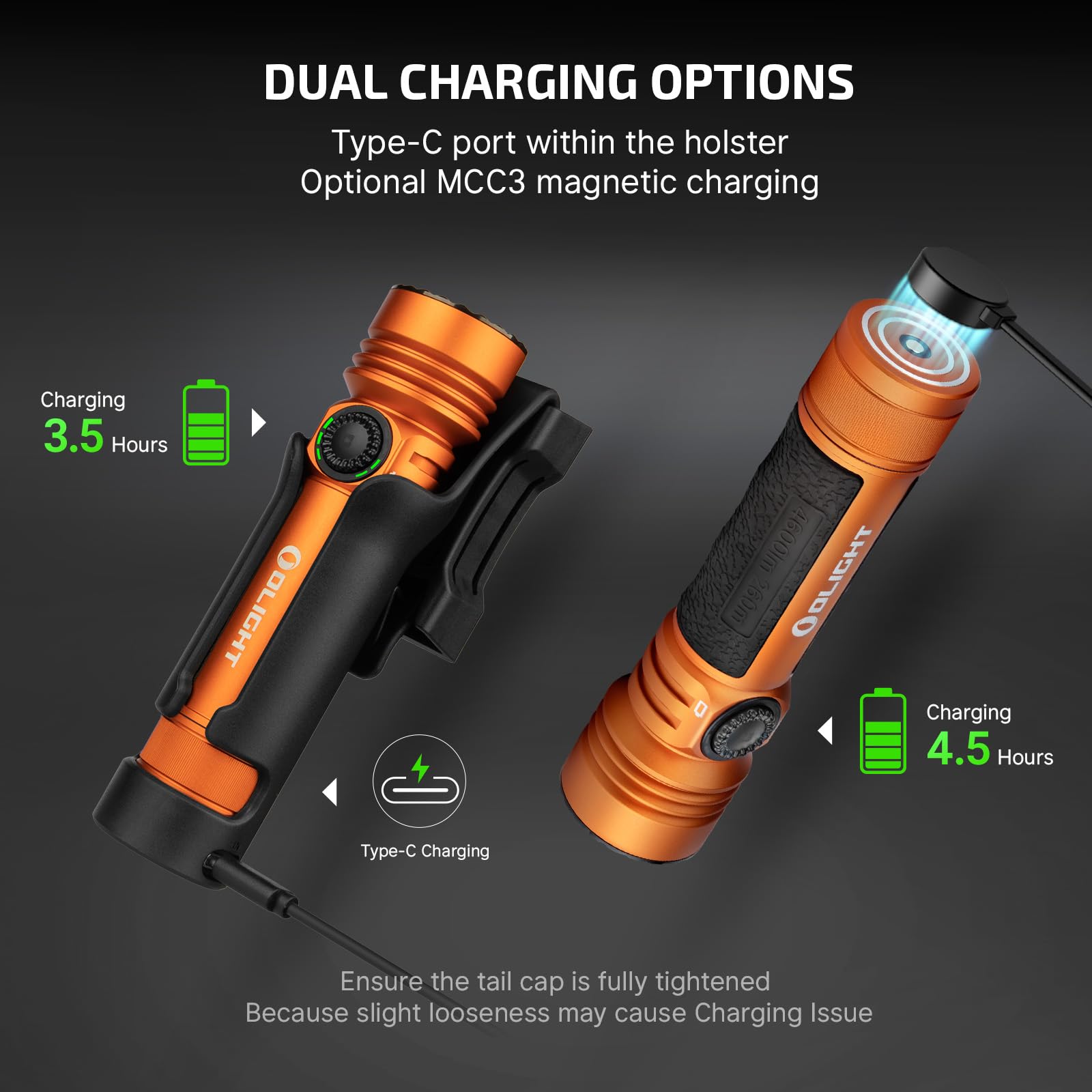 OLIGHT Seeker 4 Pro charging options with USB-C and magnetic MCC3 compatibility