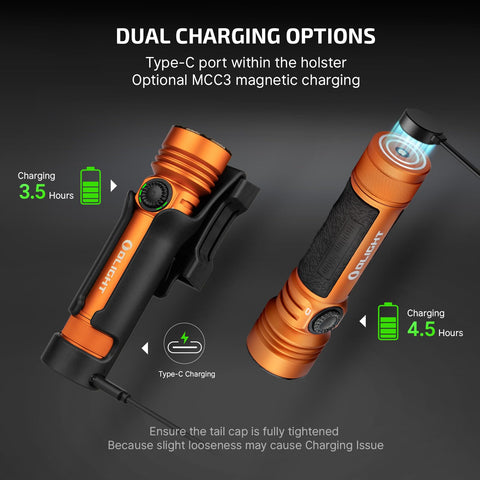 OLIGHT Seeker 4 Pro charging options with USB-C and magnetic MCC3 compatibility