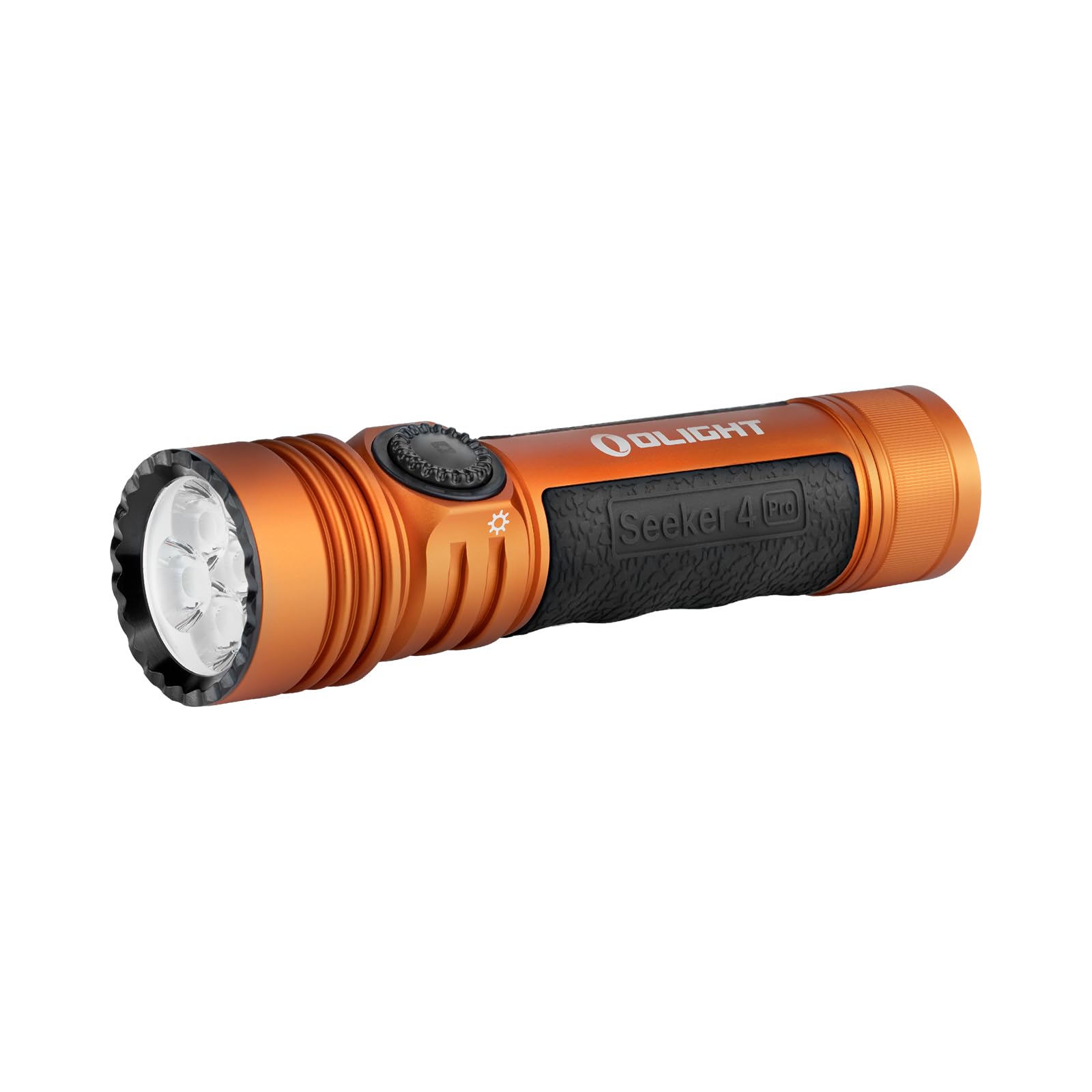 OLIGHT Seeker 4 Pro front view showing bright, wide beam for area lighting