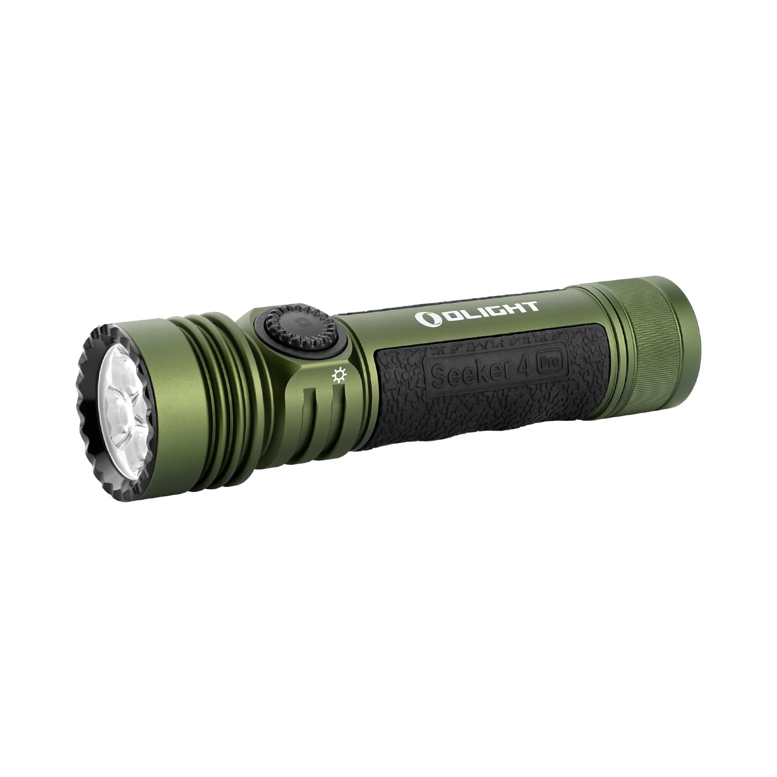 OLIGHT Seeker 4 Pro front view with bright, far-reaching beam for night exploration