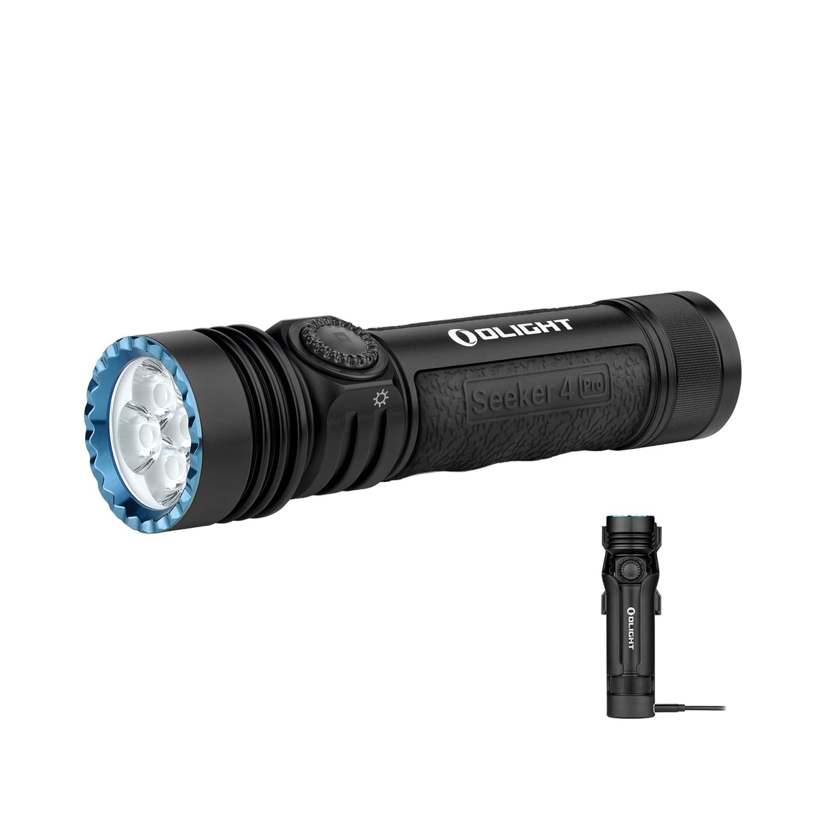 OLIGHT Seeker 4 Pro front view showcases compact design and bright 4,600 lumens for fast outdoor searching.