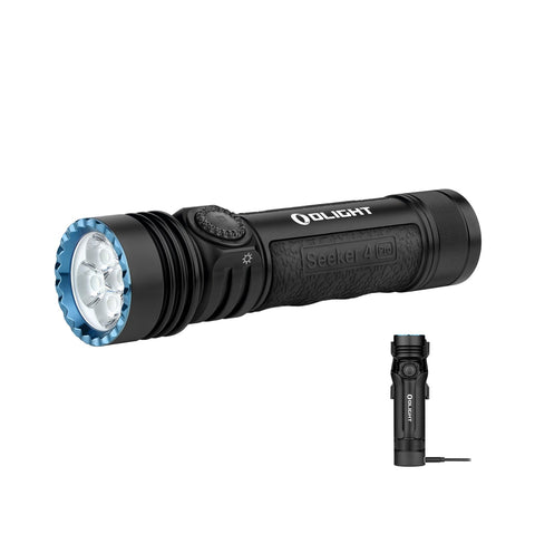 OLIGHT Seeker 4 Pro front view showcases compact design and bright 4,600 lumens for fast outdoor searching.