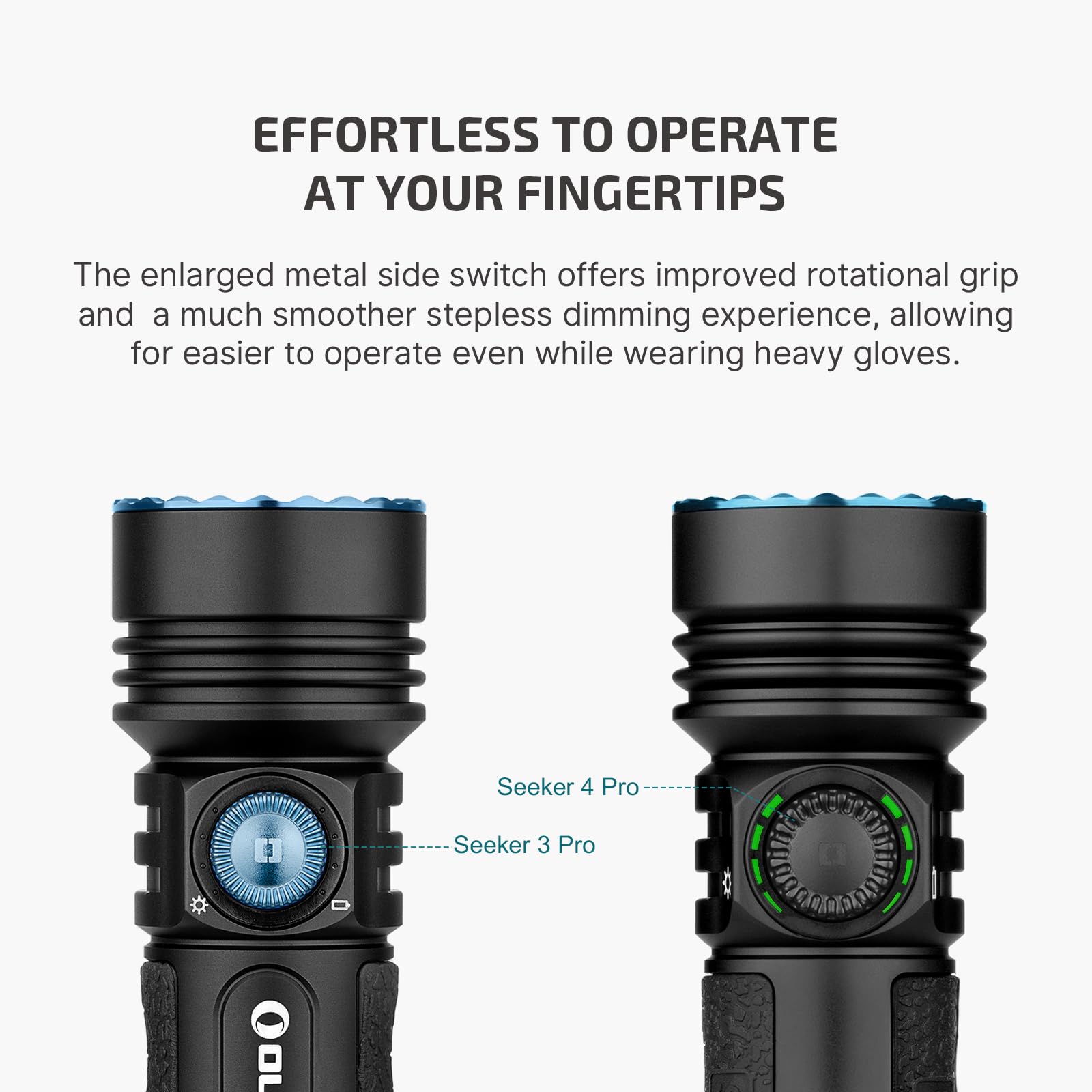 OLIGHT Seeker 4 Pro dual indicators keep battery and brightness status clear.