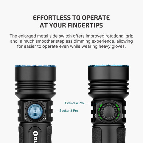 OLIGHT Seeker 4 Pro dual indicators keep battery and brightness status clear.