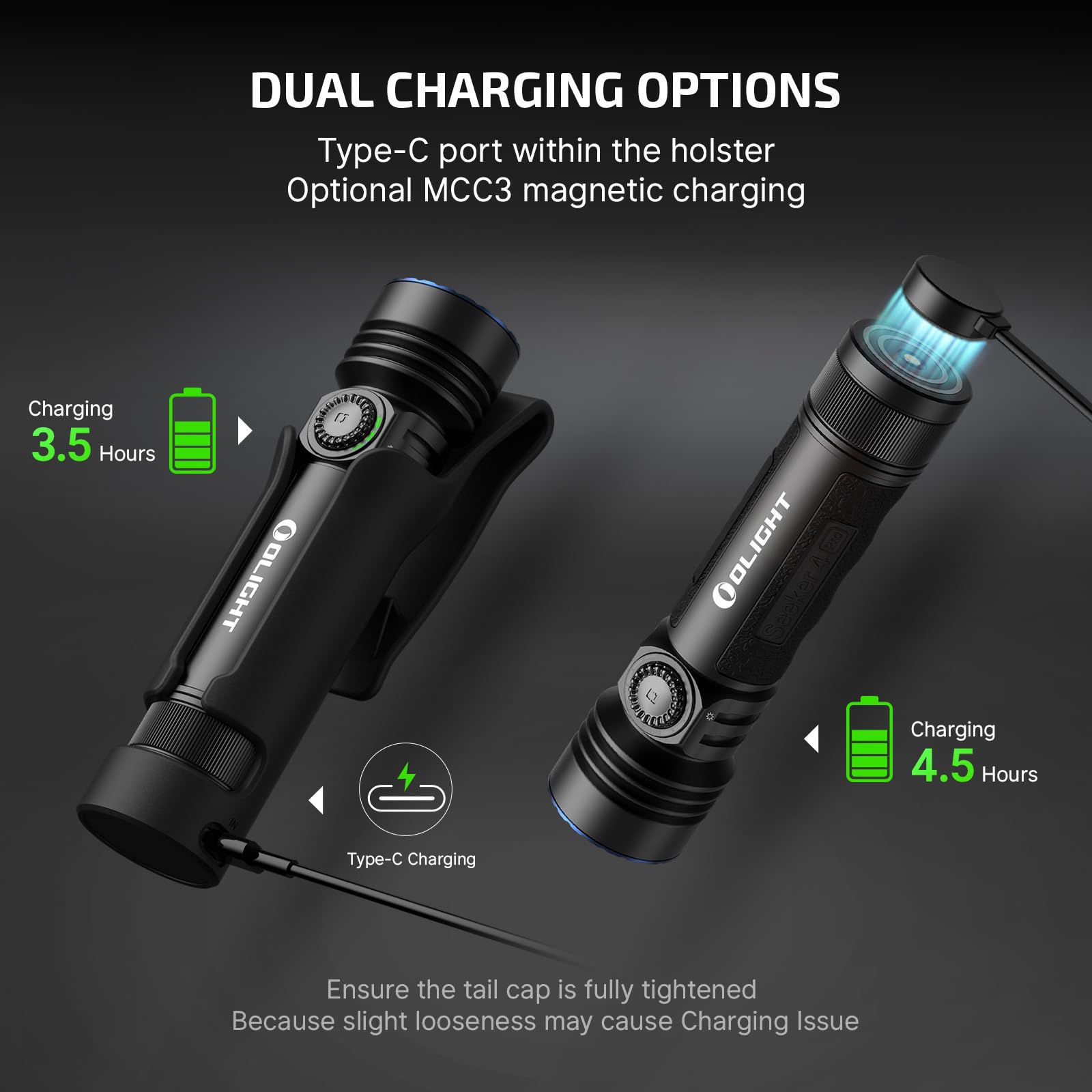 OLIGHT Seeker 4 Pro Type-C charging with holster enables convenient top-ups.