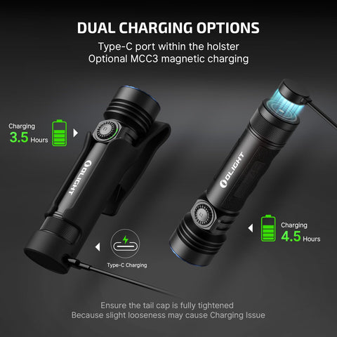OLIGHT Seeker 4 Pro Type-C charging with holster enables convenient top-ups.