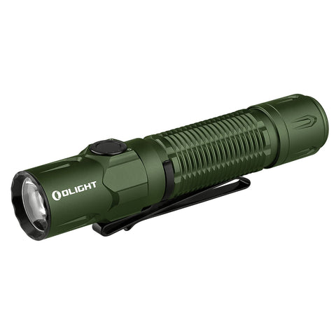 OLIGHT Warrior 3S front view highlights high-brightness beam for outdoor visibility.