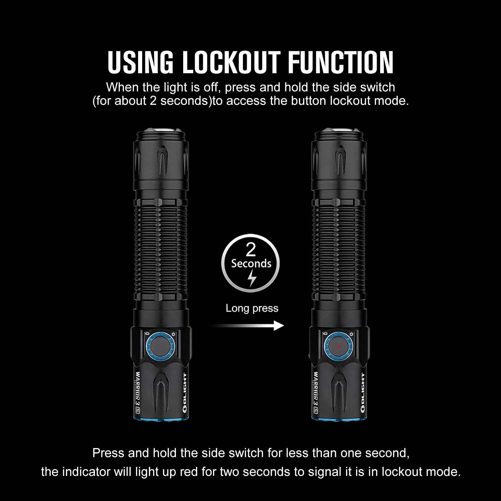 OLIGHT Warrior 3S beam comparison highlights focused beam and range.