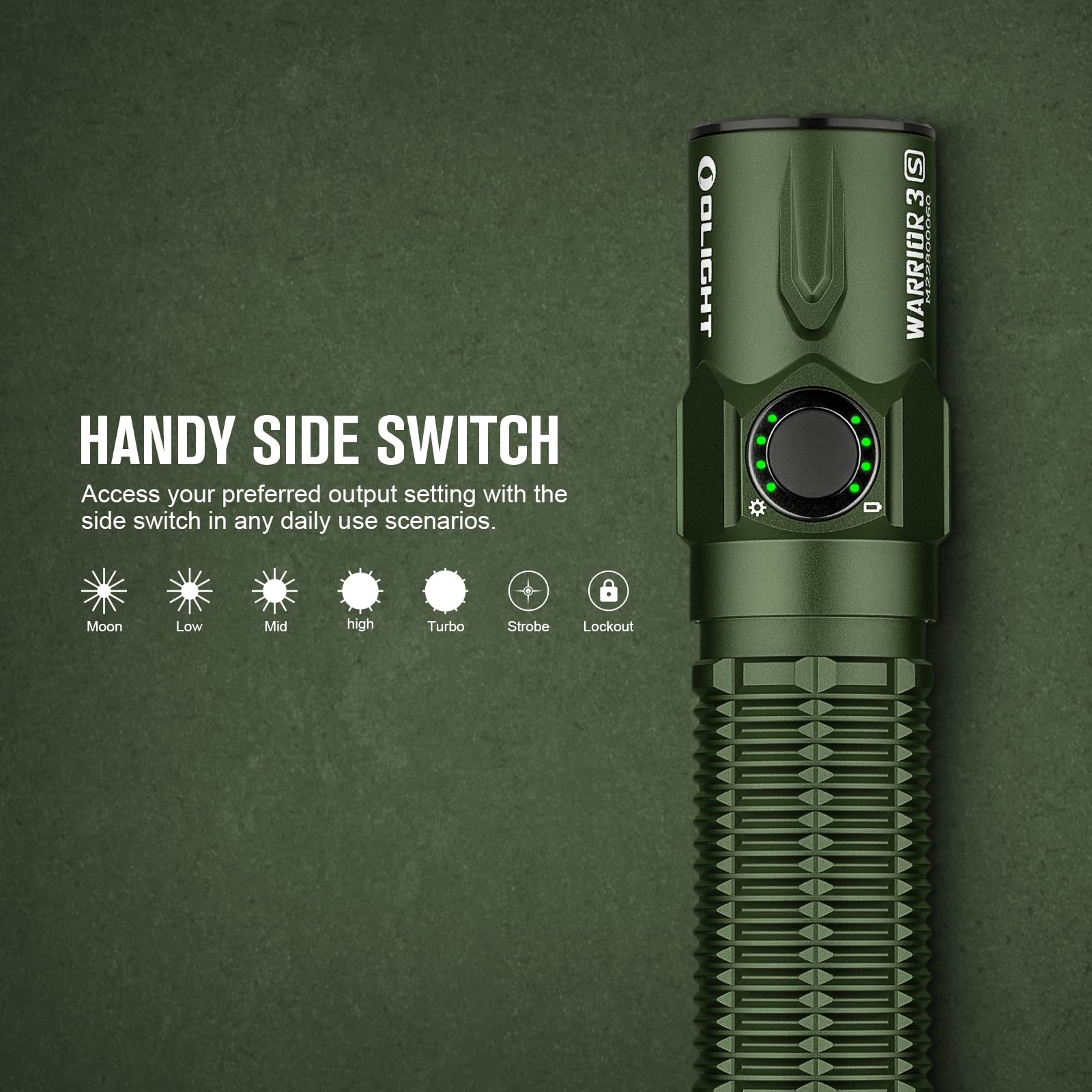 OLIGHT Warrior 3S dual switches enable rapid mode changes during use.