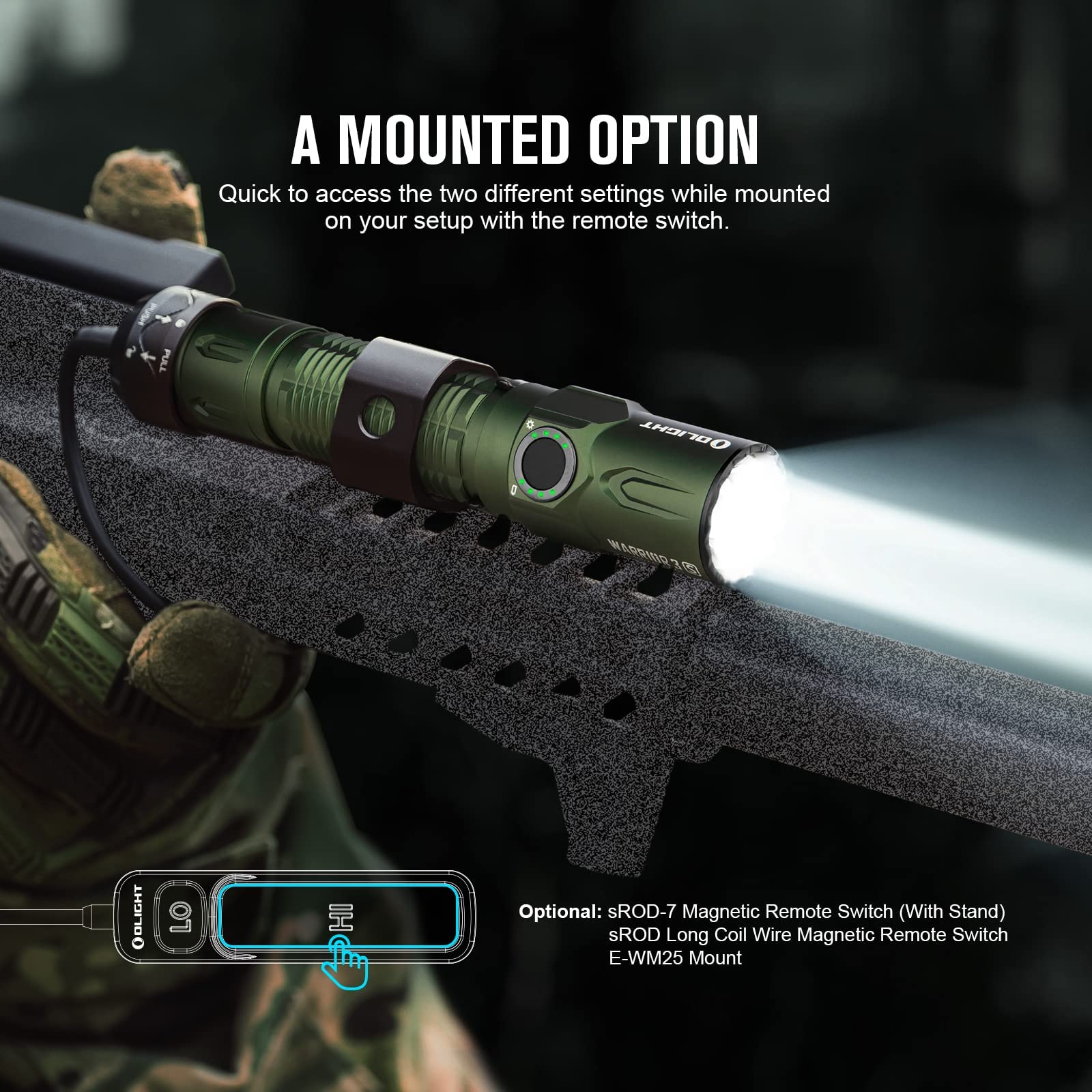 OLIGHT Warrior 3S proximity sensor close-up showing brightness control feature.