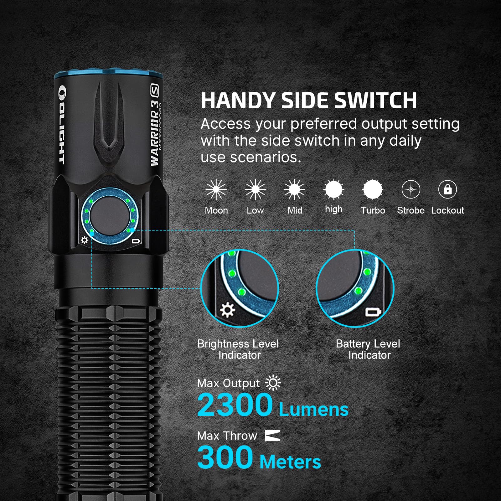 OLIGHT Warrior 3S side switches enable fast one-handed operation in tactical scenarios.
