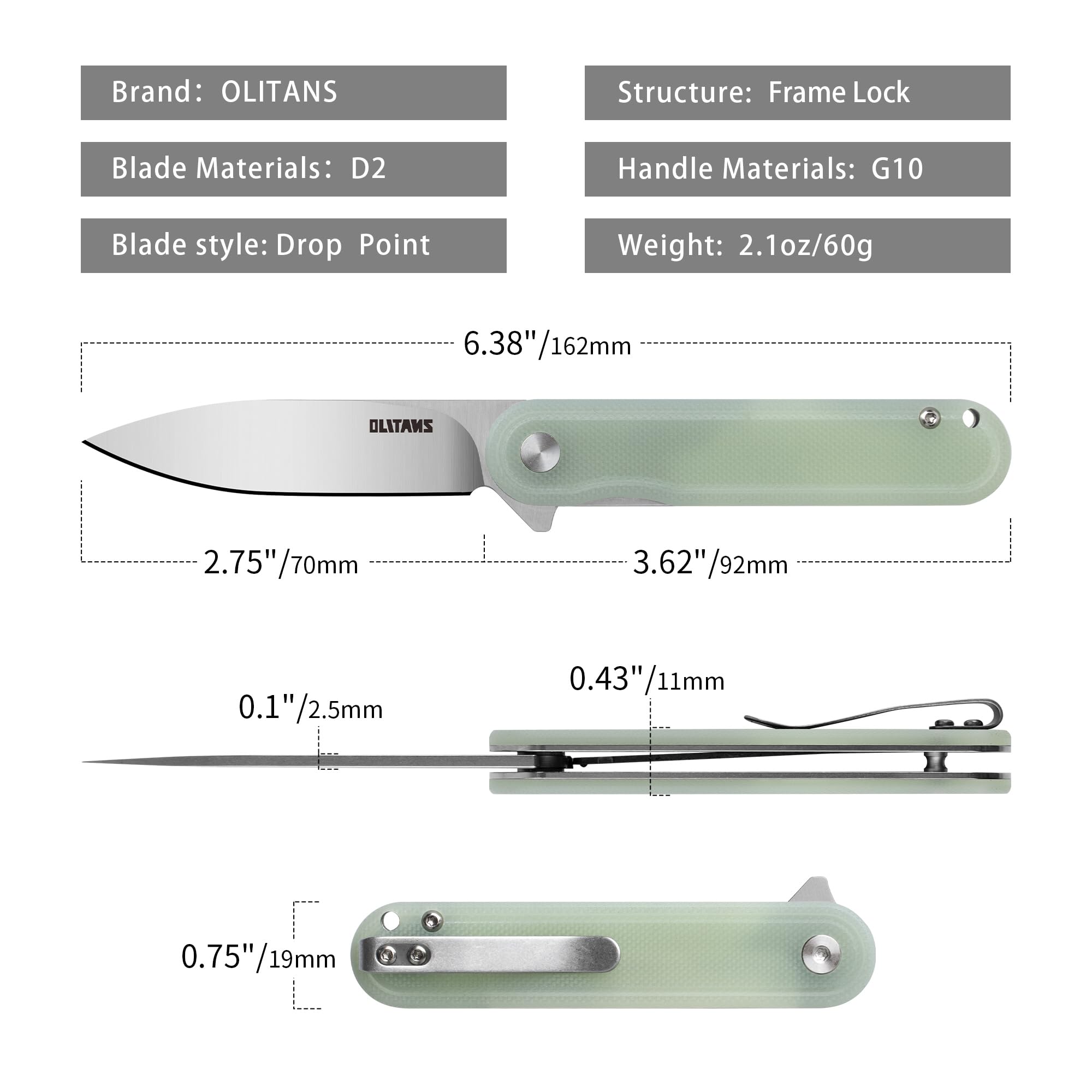 OLITANS G040 handle grip emphasizes the durable G10 texture for secure handling.