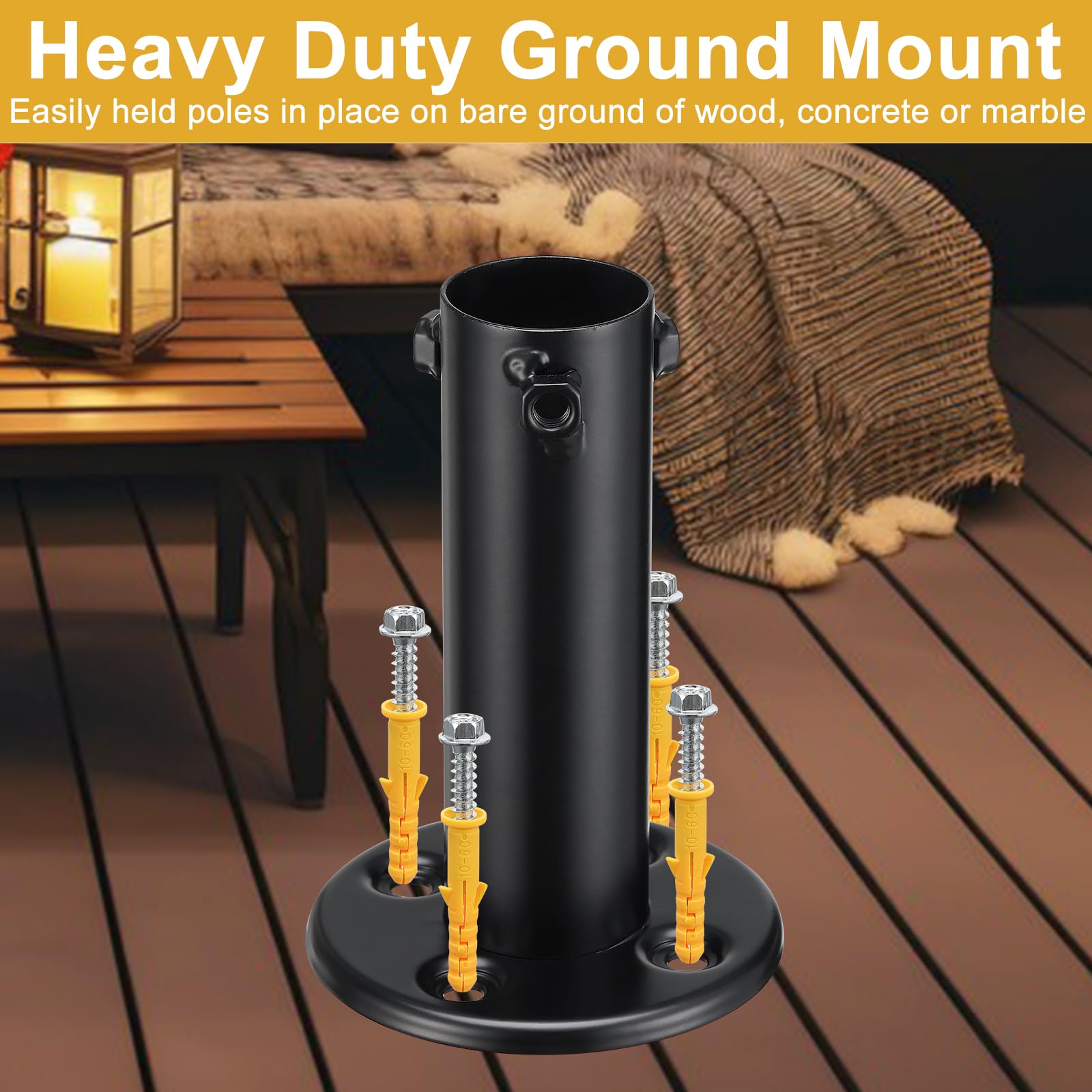 Oliynedy deck-install straps secure poles to posts for wind-resistant lighting.