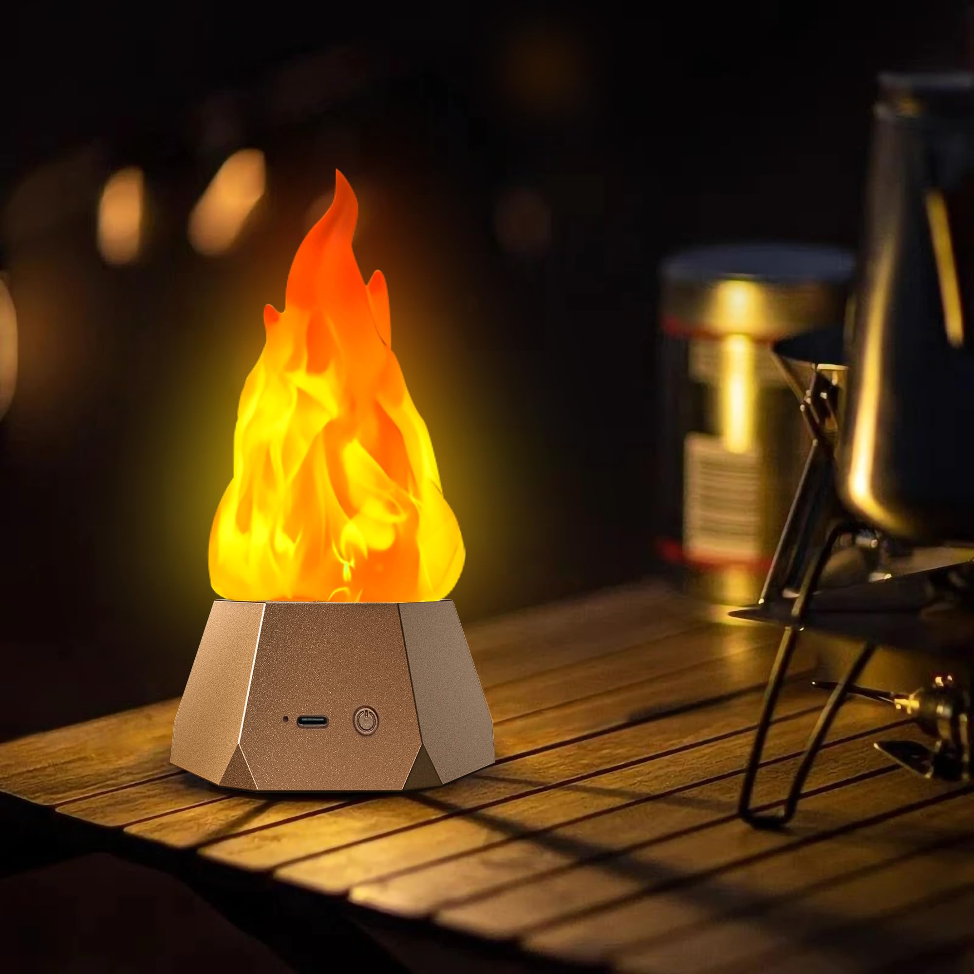 Ollcuz Fake Fire Lamp flickers warmly for cozy ambience.