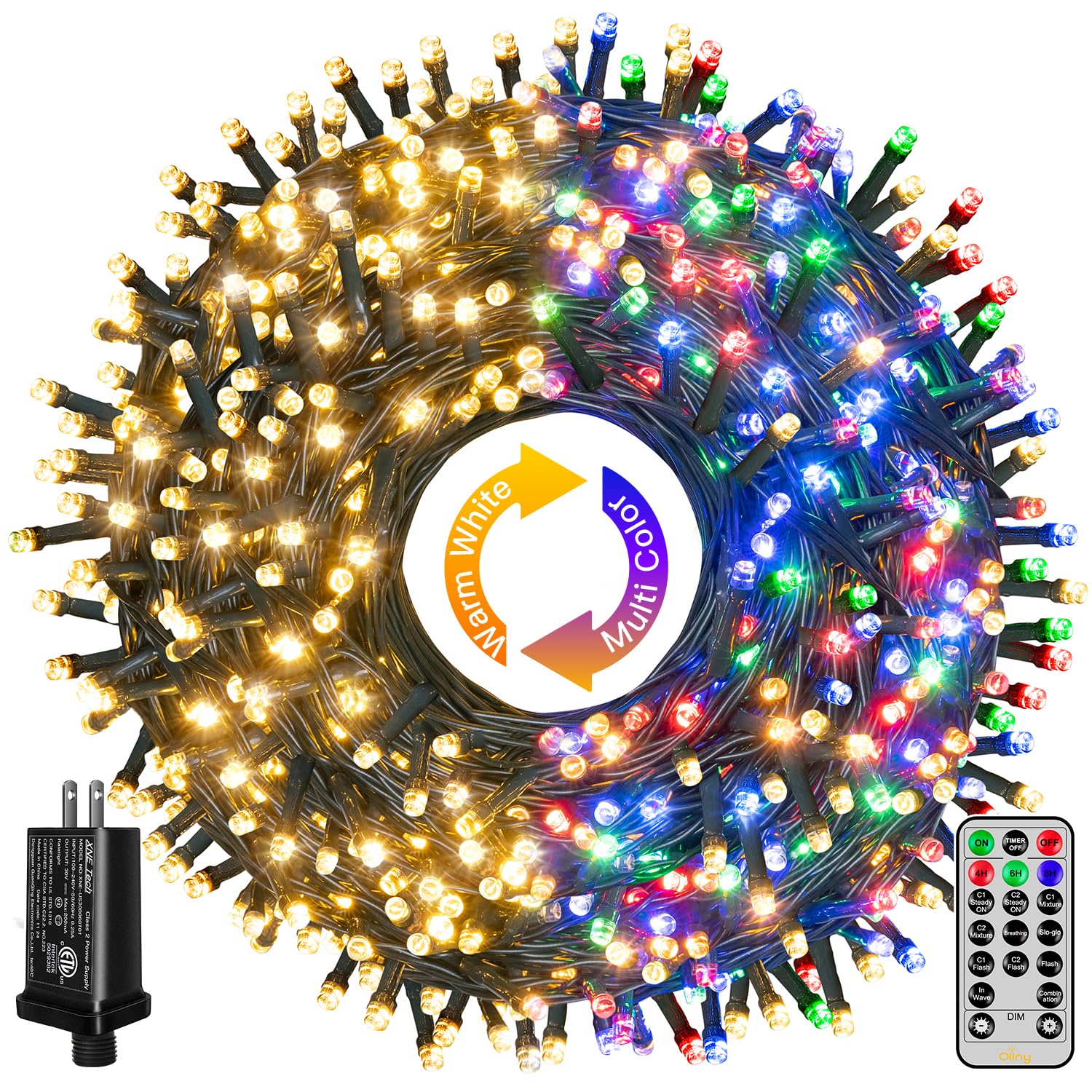 Ollny 210ft Christmas lights outline a house with warm, colorful glow for holidays.