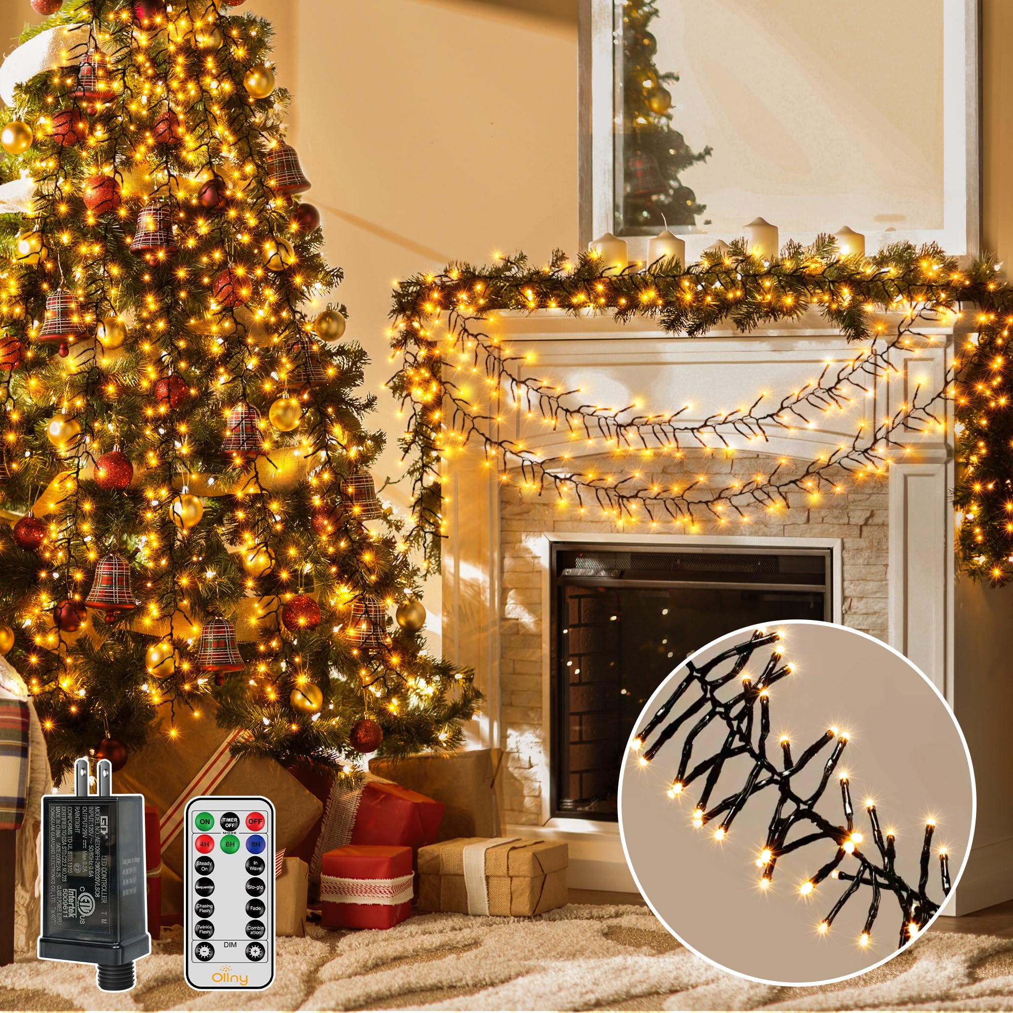 Ollny cluster Christmas lights 1000LED on tree for bright holiday illumination