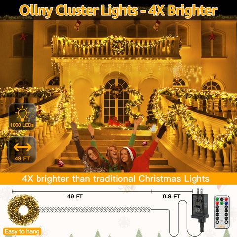 Ollny cluster Christmas lights 49ft length draped along garland creates full coverage