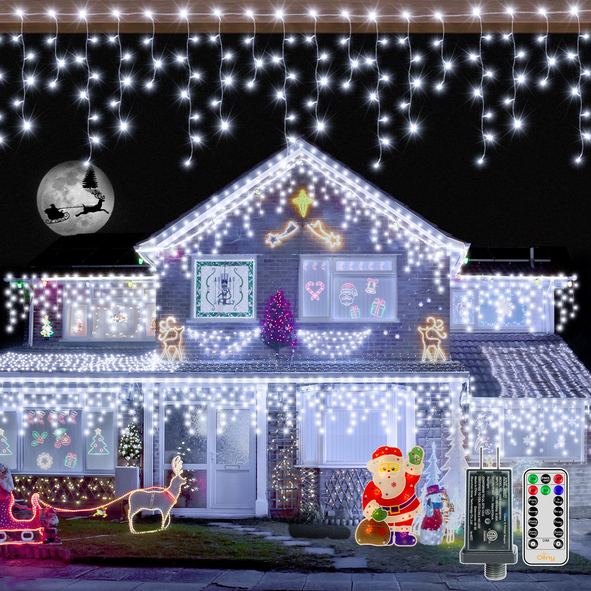 Ollny icicle lights 720 LED 60ft for outdoor decoration with bright, energy-efficient warmth.