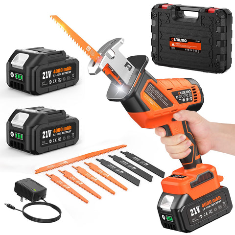 olmlmo cordless reciprocating saw with eight-blade kit for versatile cuts on wood, plastic, and metal