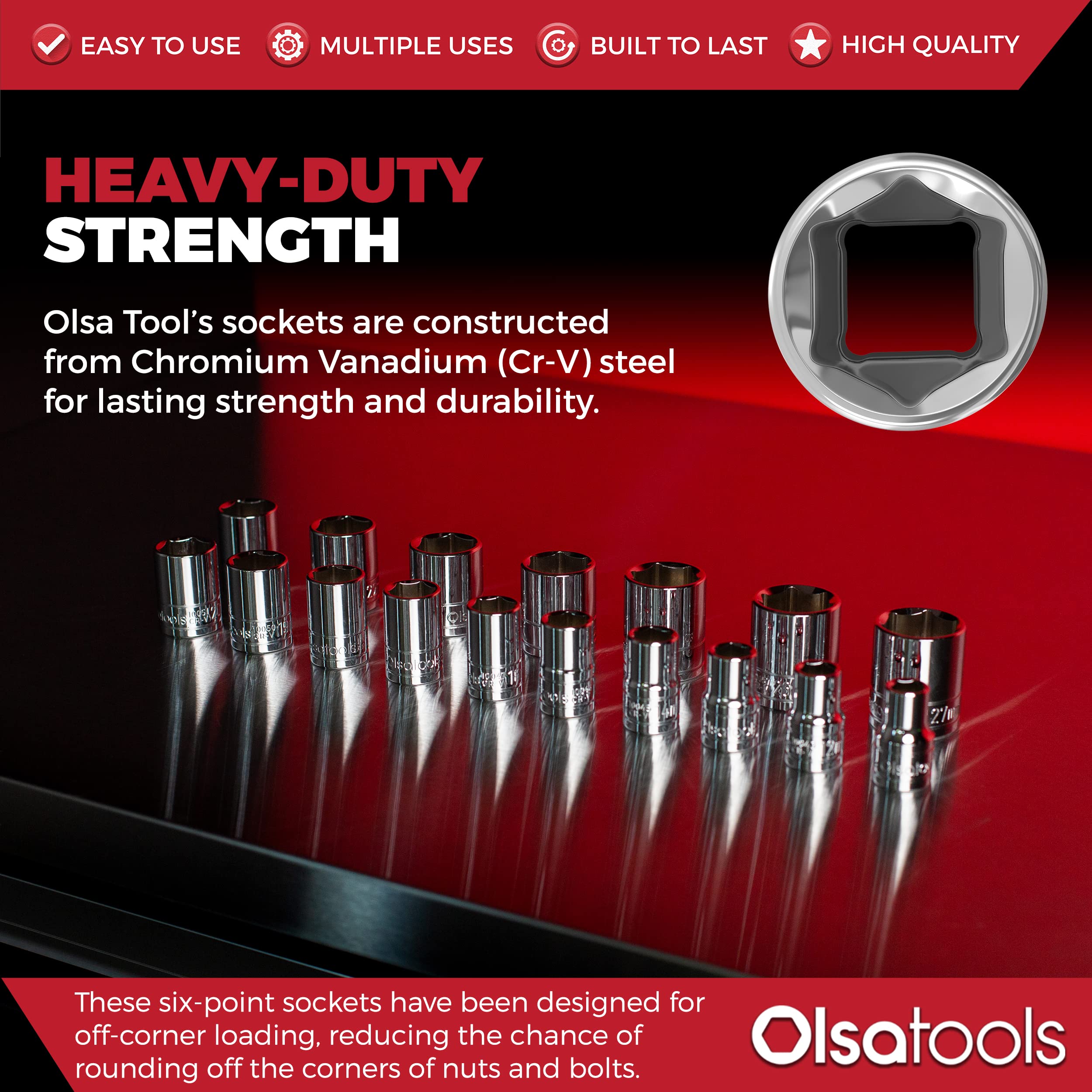 Olsa Tools 1/2-inch drive interface for secure fastener engagement.