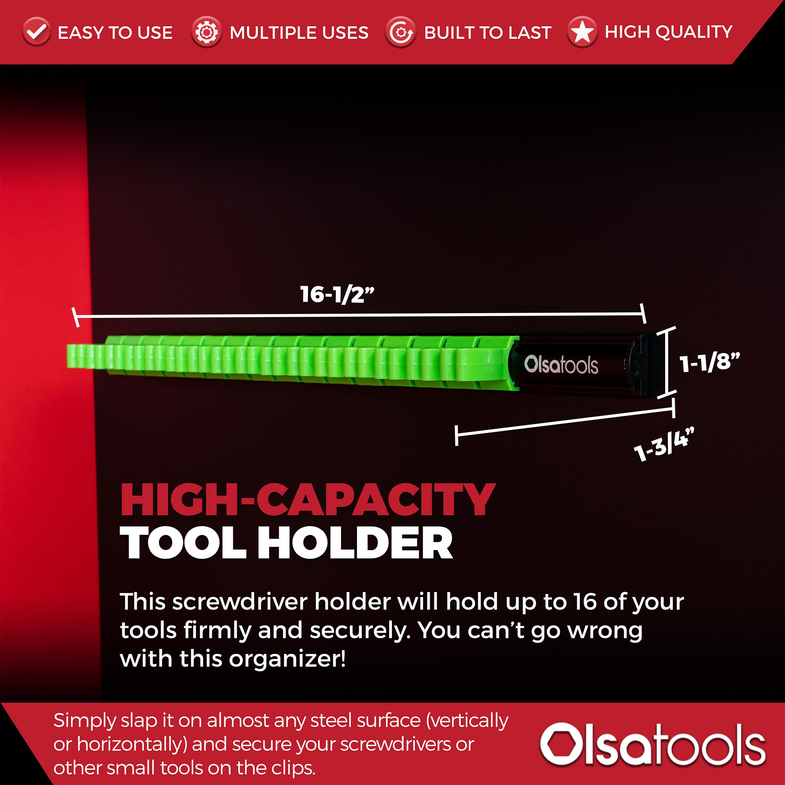 Olsa Tools Magnetic Screwdriver Organizer close-up of high-tension clips gripping screwdrivers