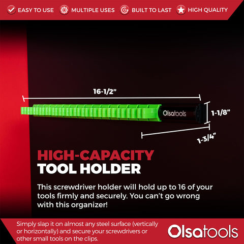 Olsa Tools Magnetic Screwdriver Organizer close-up of high-tension clips gripping screwdrivers